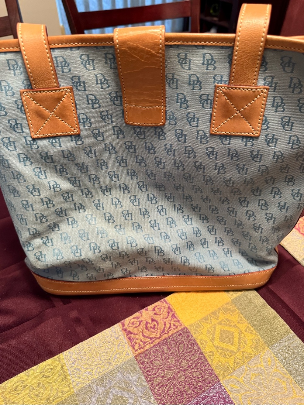 Dooney & Bourke Blue Logo Canvas Shoulder Bag with Tan Leather Trim - Picture 3 of 3